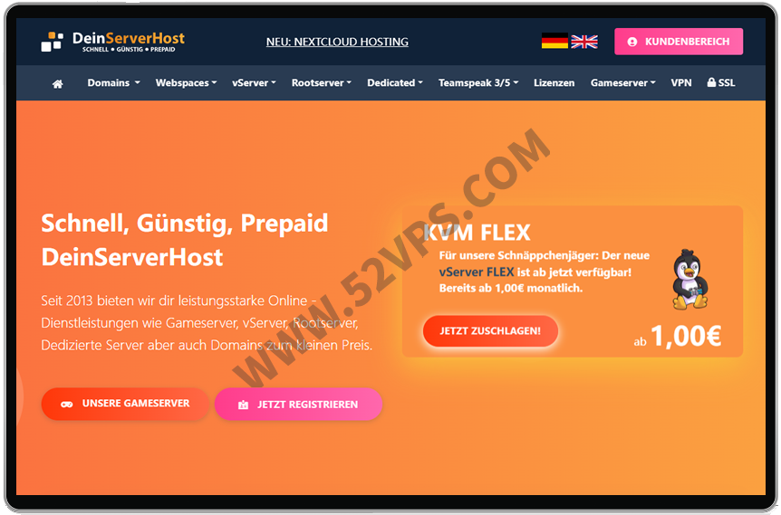 DeinServerHost 德国VPS云服务器 1核/1GB/10G SSD/1 IPv4/2TB流量/1Gbps端口/每月3欧元