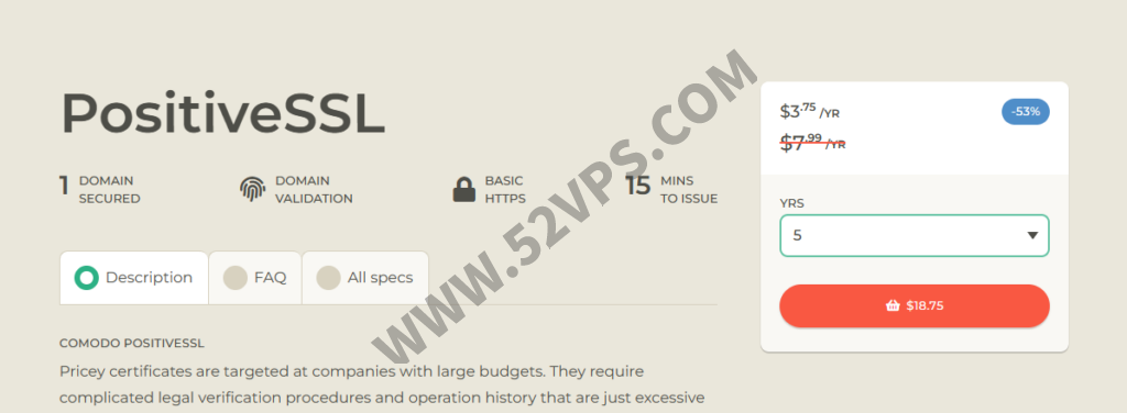 SSLS：便宜SSL/低价SSL/COMODO PositiveSSL 域验证SSL证书，5年.75，1年.99